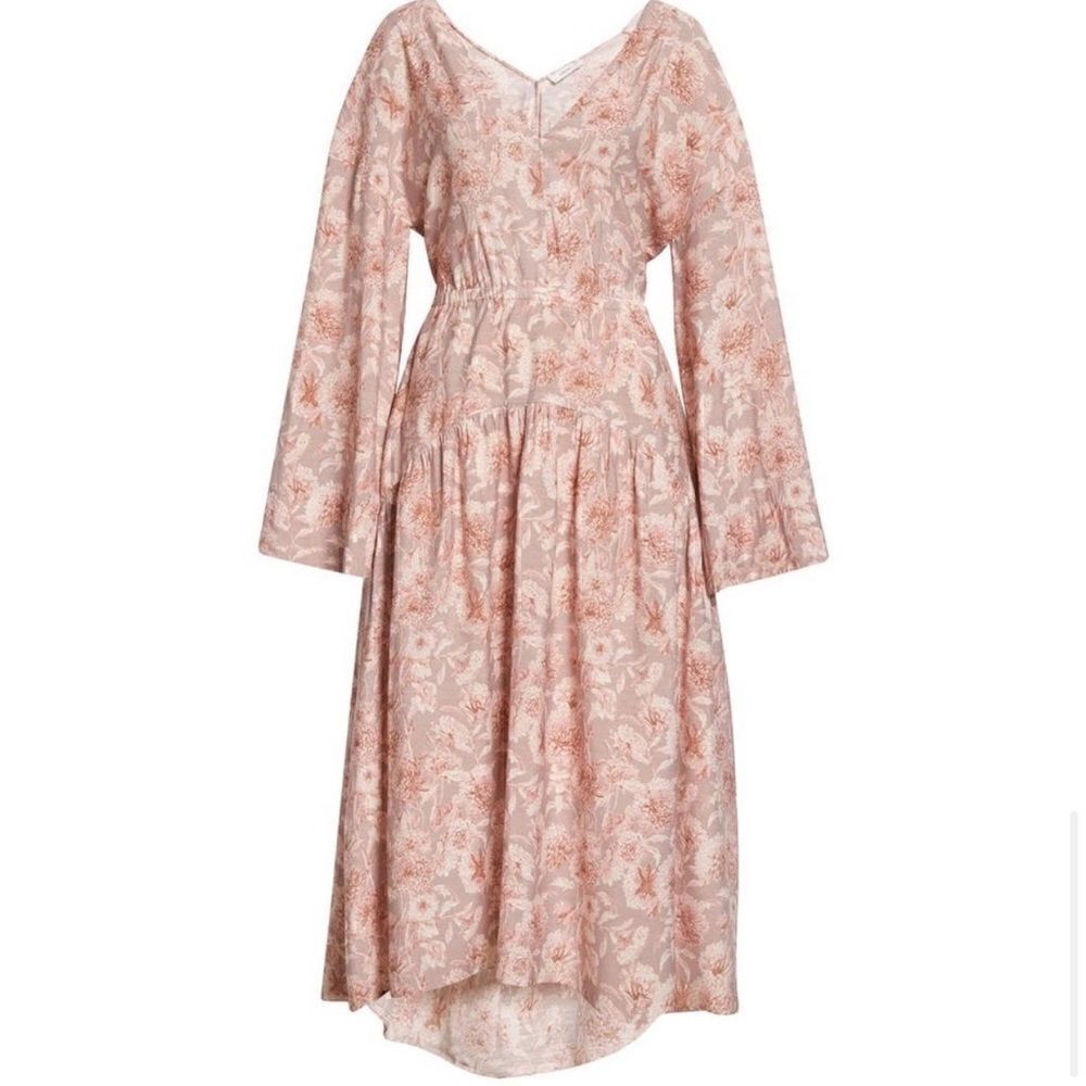 Vince NWT Dahlia Print Long Sleeve Midi Cut Out Dress Beige Pink Floral … - Picture 6 of 14